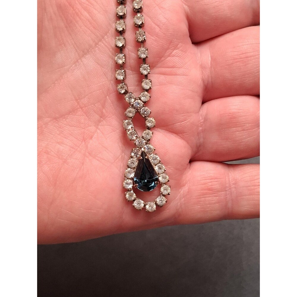 Vintage Sapphire Blue Rhinestone Necklace Teardrop Pendant